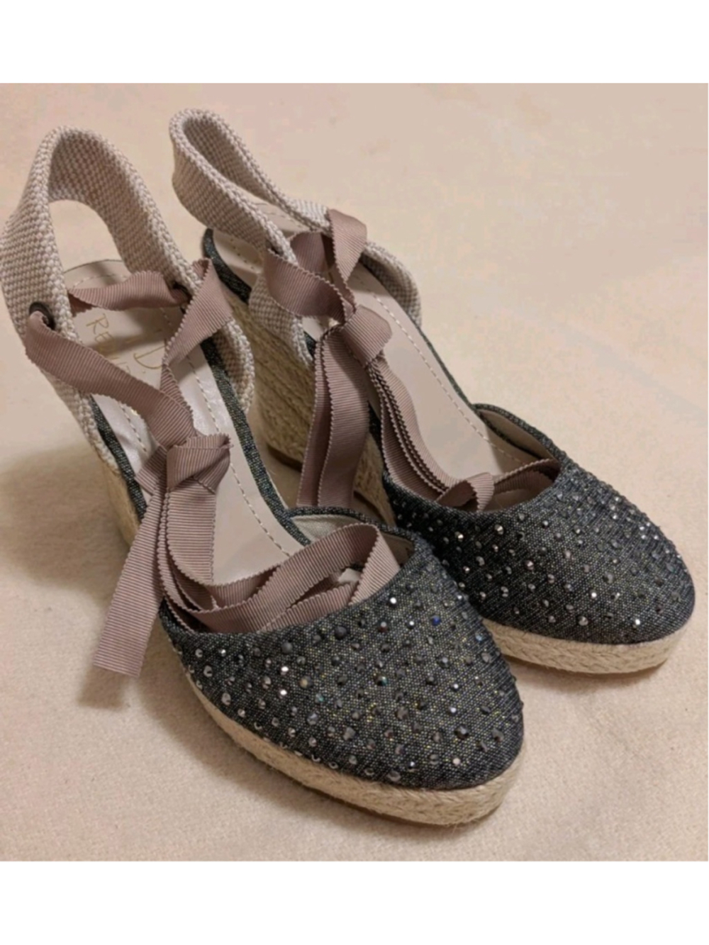 ID Required Rhinestone Women's Ankle Lace Up Wedge Espardrilles Size 7.5M S116